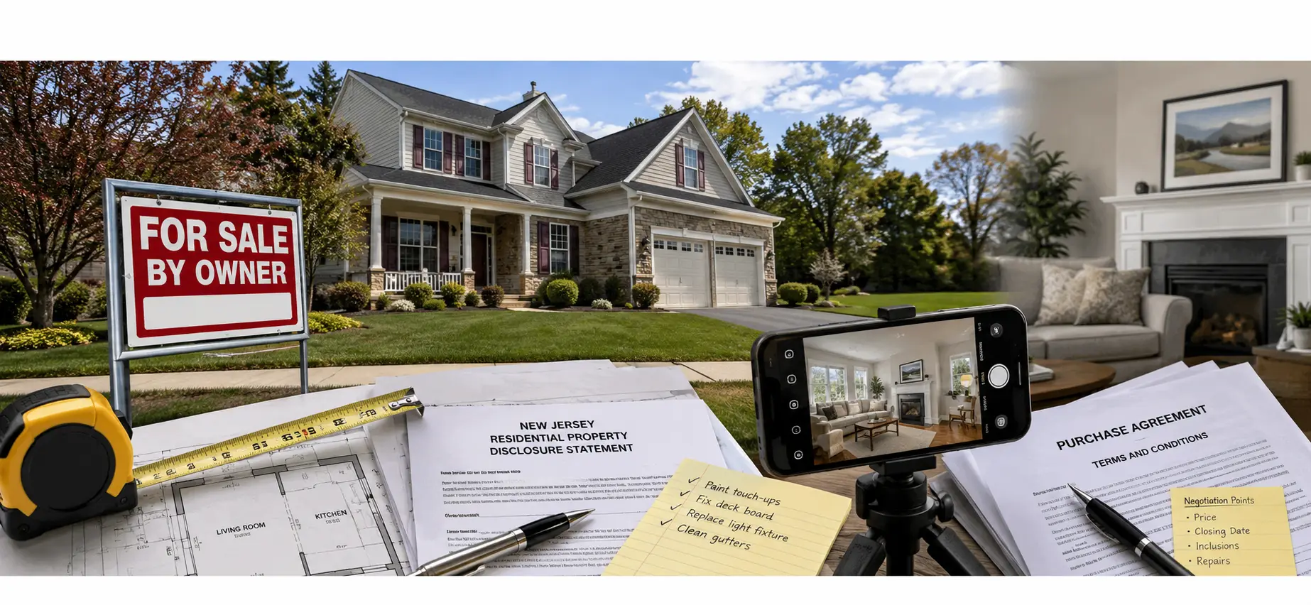 New Jersey FSBO checklist showing pricing, exposure, disclosures, attorney review, inspections and closing issues