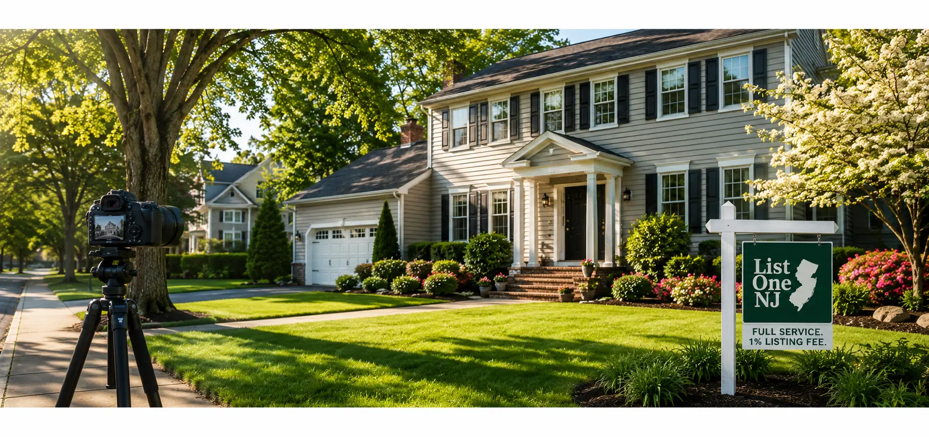 Professionally prepared New Jersey home with photography equipment and ListOneNJ 1 percent listing sign
