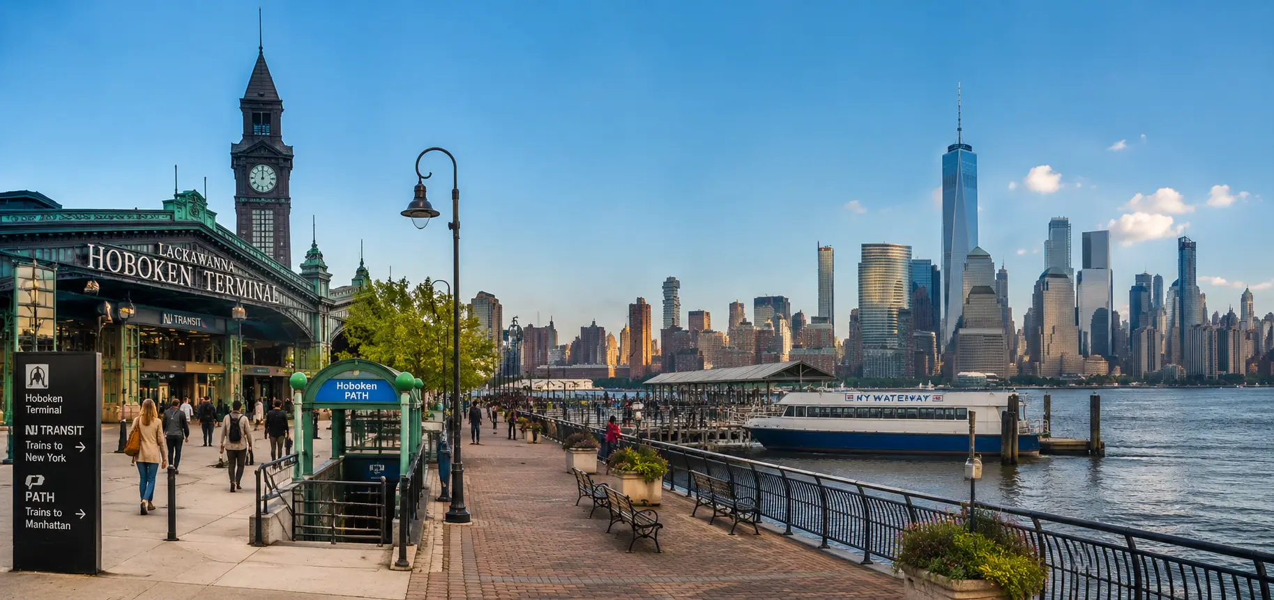 Hoboken Terminal, waterfront promenade, ferry service and Manhattan skyline