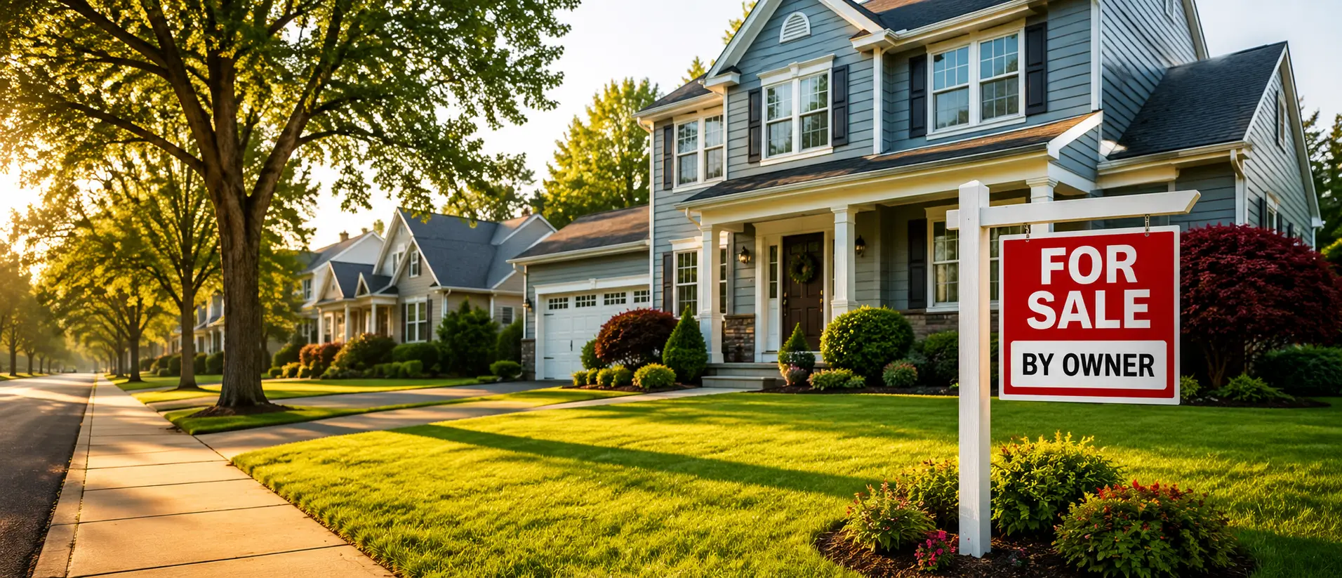 Suburban New Jersey home with a red For Sale By Owner sign in the front yard