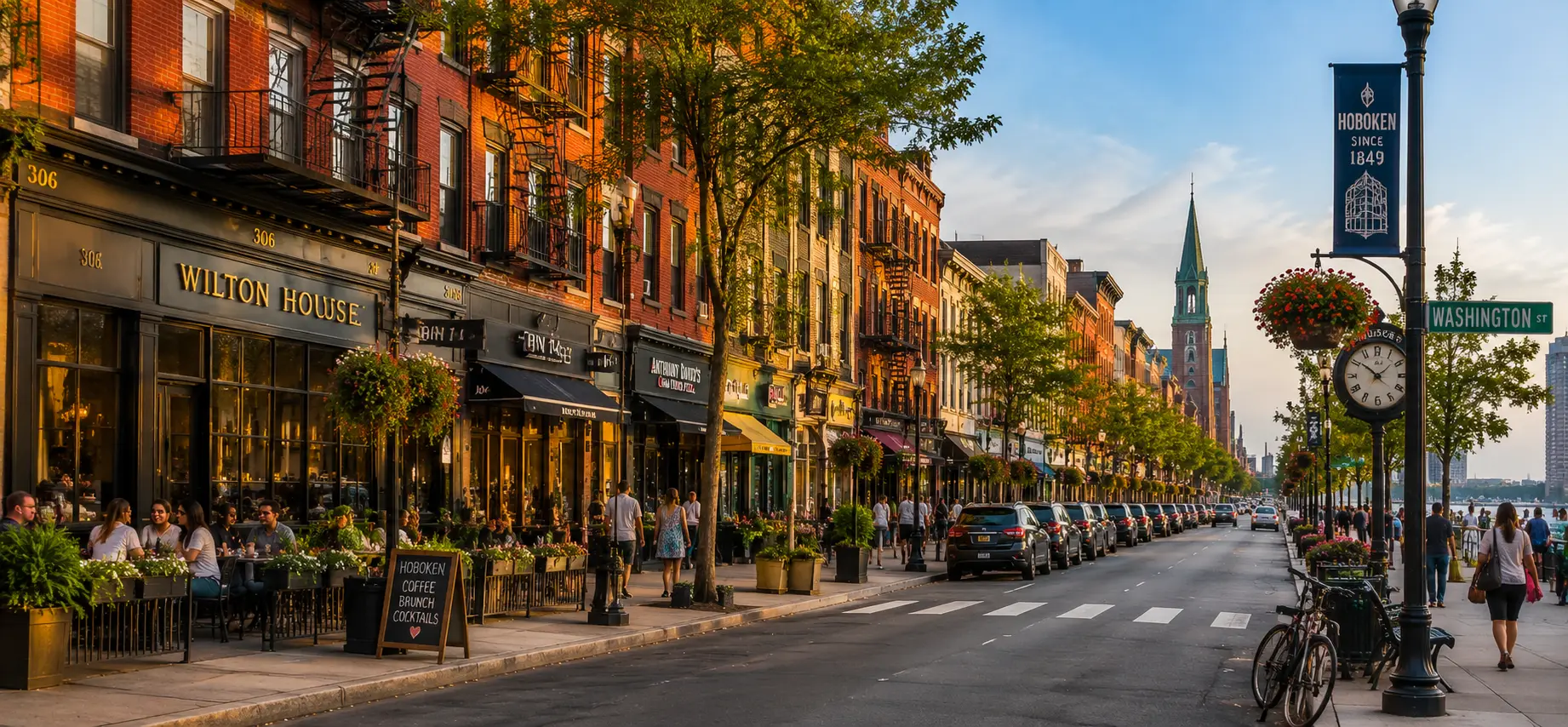 Washington Street in Hoboken with restaurants, shops, outdoor dining and neighborhood activity